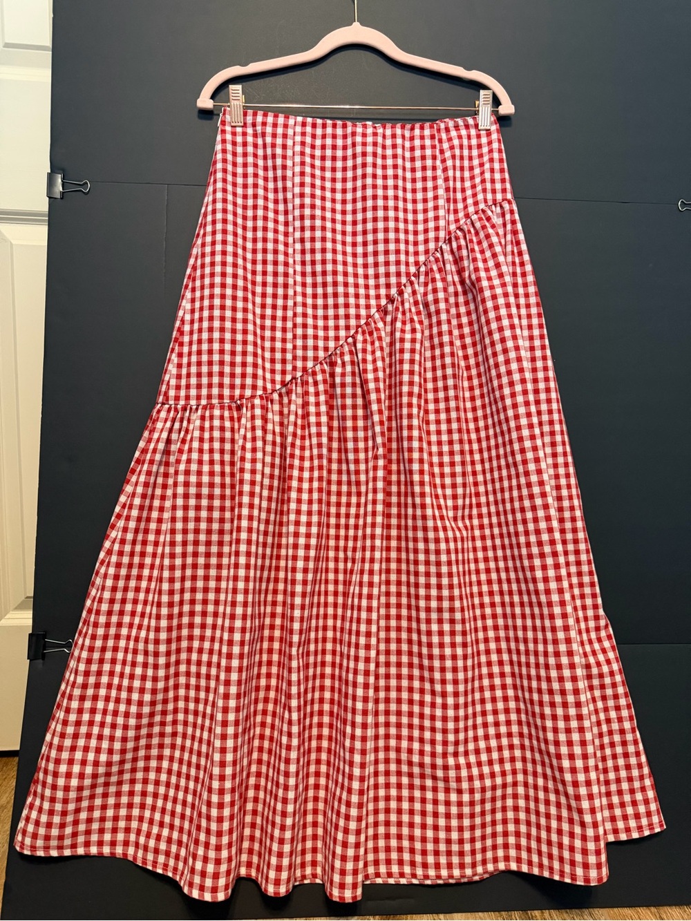 SHEIN Red and White Gingham Tiered Maxi Skirt